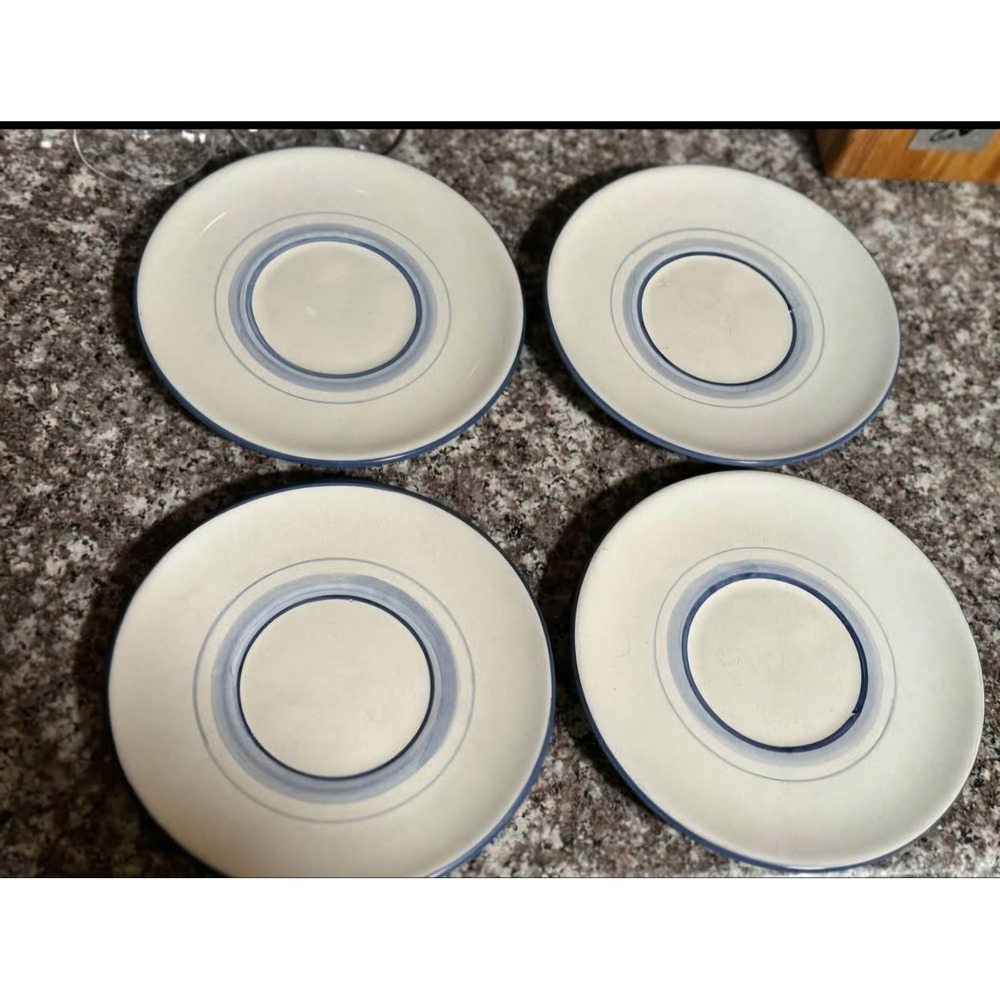 Set of 4 Trampini Italy Ceramic Saucers Blue Rimmed Hand Painted